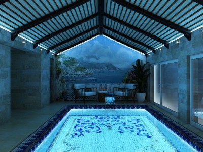 Вид с синей подсветкой в бассейне