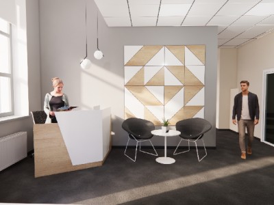 Дизайн интерьера ресепшн офиса с текстурой дерева